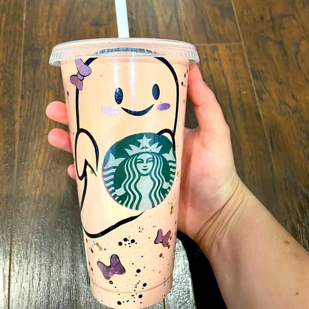 Starbucks venti Tumbler. Sparkly ghost. Peach with purple